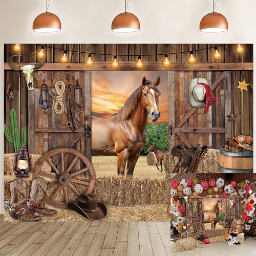 Western Cowboy Backdrop Rustic Wooden House Barn Horse Guitar Boots Wild West Photography Background Adult Kid Rodeo Theme Birthday Party Decorations Banner Photo Props (8x6FT)