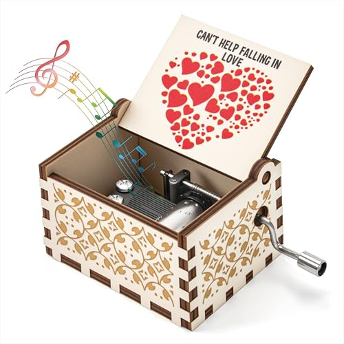 Qzakce Spieluhr Hölzerne Mini Handkurbel Spieluhren Romantische Herzform Antike Geschnitzte Musik Box Holz für Valentinstag Geburtstagsfeier Musikalisches Geschenk