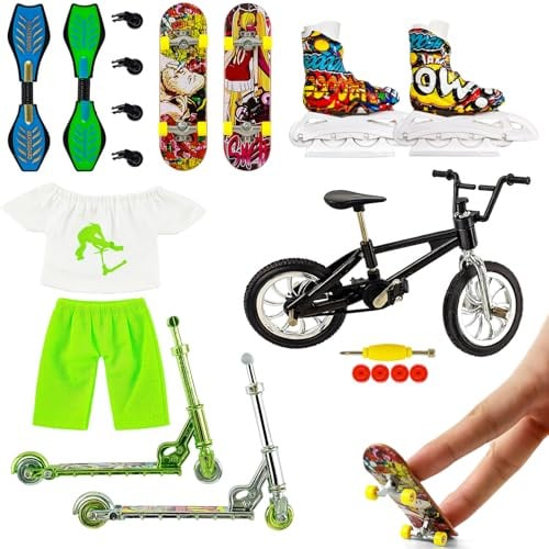 Morofme 20 Pcs Finger Skateboards Set, Skateboards Finger Toys with Finger Bikes, Finger Scooter, Trolley, Accessories, Finger Shoes, Spare Tires, Finger Apparel, Mini Skateboard for Training Gift