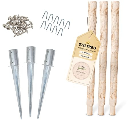 STILTREU 3 Stk. teilgefräste Pfosten aus Kastanie, Länge 175 cm, Durchmesser 8 cm inkl. Einschlaghülsen, Schrauben und Krampen