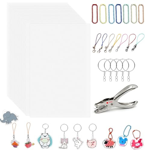 Schrumpffolien Set für DIY Handwerk – 15 Stück Schrumpfpapier A5, 150 Schlüsselanhänger und Biegeringe für Kinder und Erwachsene – Kreative Bastelidee für Schlüsselanhänger, Geschenke und We