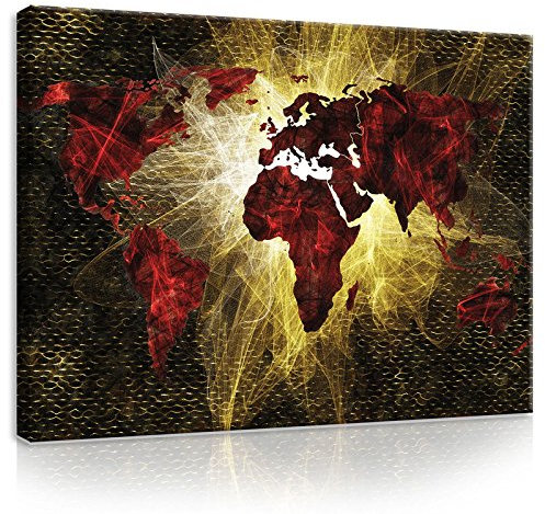 Forwall Bilder Canvas Rote und Golde Lichternde Weltkarte O1 (100cm. x 75cm.) Leinwandbilder Wandbild AMFPP10424O1