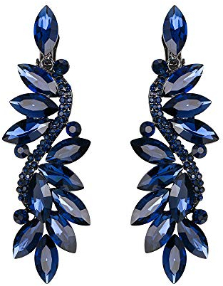 Clearine Damen Ohrclips Modern Hochzeit Braut Kristall Blume Romantik Dangle lange Ohrringe Clip On Sapphire-Farbe Dunkelblau Silber-Ton