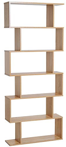 HOMCOM Bookcase, 6 Tier Shelf S Shaped Bookshelf, Storage Unit, Display Shelf for Living Room, Bedroom, Home Office, Plant, Oak