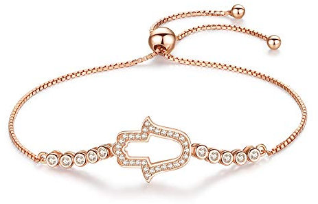 Braccialetto tennis con mano di Fatima in argento Sterling 925 e zirconia cubica, da donna, regolabile fino a 25,4 cm e Argento, colore: Rose Gold, cod. TZB093-R