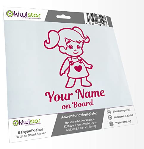Kiwistar - Babyaufkleber - Pink - Mädchen Zöpfe Herz Sticker - mit Wunschtext individuell personalisiert + on Board 15cm - für Auto, Motorrad, Fahrrad, Tuning