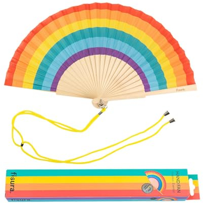 Fisura - Origineller Handfächer mit Regenbogenmotiv. Moderner und lustiger Fächer Regenbogenfarbener Faltfächer. Größe 42,5 x 23.