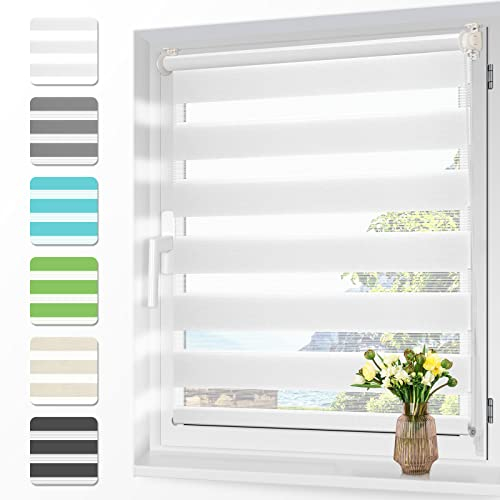 Zarnan Doppelrollo Klemmfix ohne Bohren Weiß 110x230cm(Stoffbreite 106cm) Duo Rollo Blickdicht Zebrarollo Rollos für Fenster ohne Bohren für Wohnzimmer Küche Büro lichtdurchlässig und verdunkelnd