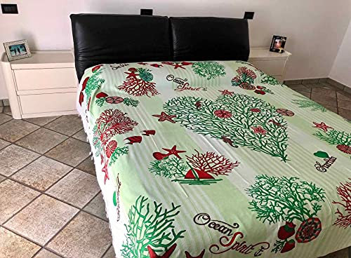 Copritutto Copriletto Kapuka Sharm Stampato 100% Cotone Copri Divano con Frange 210x240cm Telo Mare (Verde-Lime)