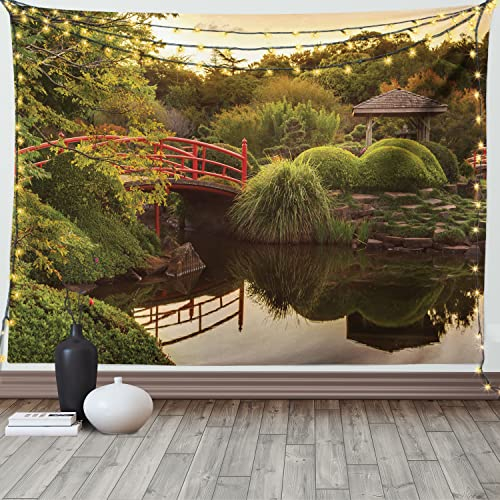 ABAKUHAUS japanisch Wandteppich und Tagesdecke, Garten Asien Frieden aus Weiches Mikrofaser Stoff Waschbar ohne Verblassen Digitaldruck, 230 x 140 cm, Grün Gelb