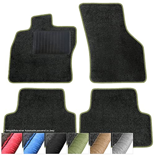 moto-MOLTICO Fußmatten Auto - Velours Autoteppiche | passend für Jeep Renegade ab 2014 - 4-teiliges Set - Schwarze Automatten mit Grünen Ziernähten
