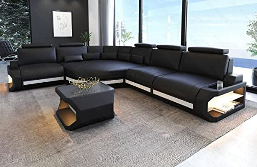 Ledersofa Asti als L Form Sofa in Leder mit Kopfstützen und LED Beleuchtung (Ecke Links, Schwarz-Weiss)