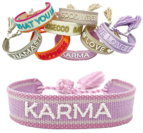 LS-LebenStil Exklusives Statement Armband - das Original - Karma Lila Flieder 16-20cm Quasten besticktes Boho Canvas Webarmband Damen Freundschaftsarmband Geschenk gewebt textil Stoffarmband