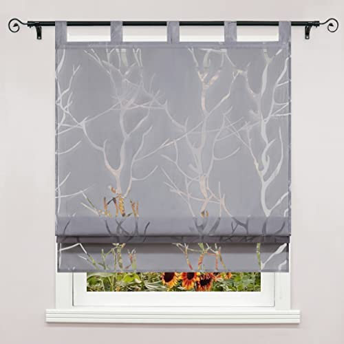Delien Voile Raffrollo mit Schlaufen Transparente Ausbrenner Gardine Küche Raffgardine Kurz Rolls Vorhang »Äste« Bändchenrollo Schals Modern Fenster Gardinen BxH 140x140cm,Grau
