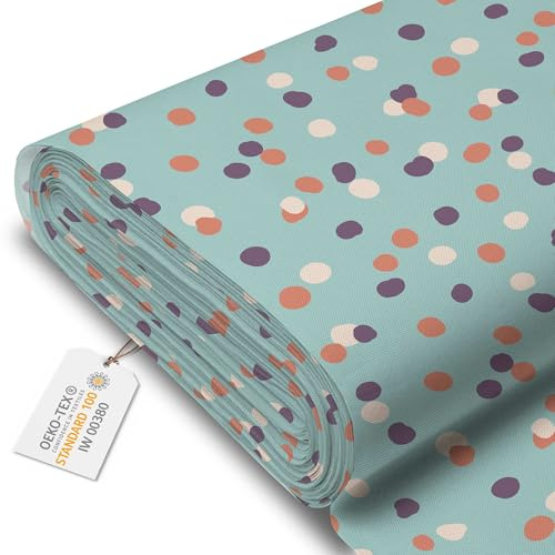 DreamRoots Markisenstoff Meterware, Pastel Blue Dots, Laufmeter | Oxford Segeltuch, wasserdicht, Polsterstoff Meterware, 220 g/m² 600D, 160 cm breit, für außen & Deko