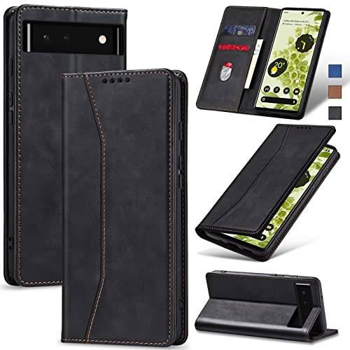 Jasonyu Handyhülle für Google Pixel 6 Hülle Leder Flip Klappbare Stoßfeste Magnetische Premium PU Leder Standfunktion Kartenfächern Schutzhülle Klapphülle für Google Pixel 6,Schwarz