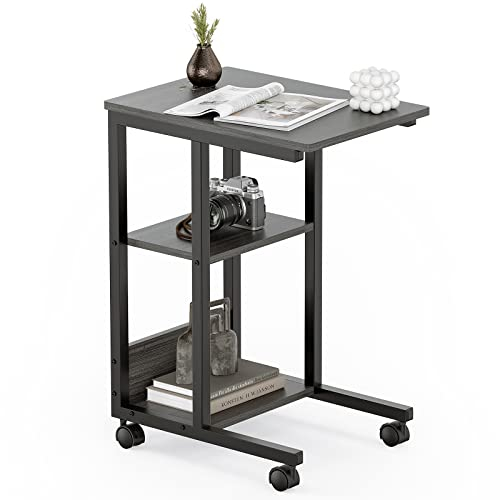 Sunon Beistelltisch Sofatisch Couchtisch Nachttisch mit 3 Ablagefächern, C-Form, Metallgestell, Tischpltte aus Holz, feststellbarer Rollen Grau