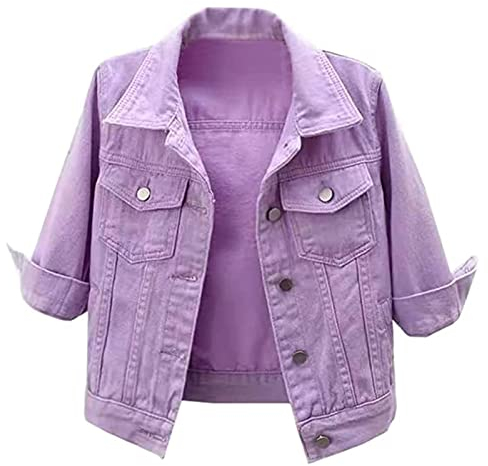 Hebezn Giacca di jeans a maniche corte da donna Giacca di jeans corta con risvolto casual Capispalla casual a coste (Color : Purple, Size : S)