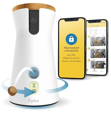 Furbo 360° Hundekamera mit Heimsicherheits-Paket [Premium MIT ABO] Intelligente Kamera mit App für Hund & Heim, Rotierende 360° Sicht, Farbnachtsicht, Tracking, Leckerliwurf, Bell-Alarm, Smart Alerts