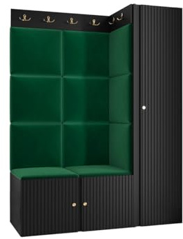 Mirjan24 Garderoben-Set Kirtan Slim IX, Kleiderschrank, Schuhschrank mit 6 Fächer + Kleiderhakenbrett, Gepolstertes Paneel/Wandpaneel, 4 Doppelhaken, Flurgarderobe Wandgarderobe (Schwarz, Manila 35)