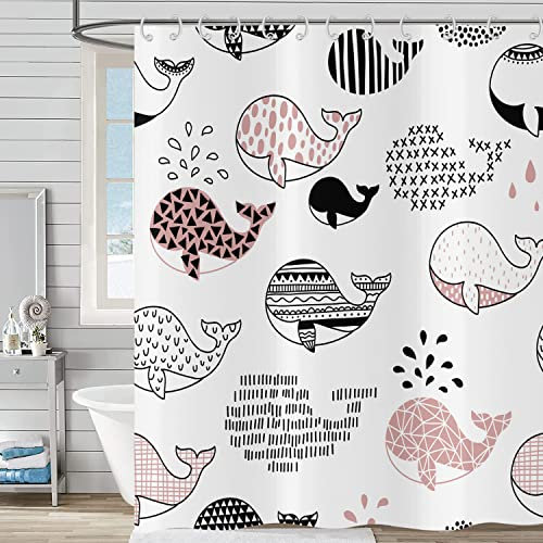 Hnmdmyi Duschvorhang Lustig 180x200, Cartoon Wal Duschvorhänge Niedliche Ozean Tier Abstrakt Schwarz Rosa Fisch Kinder Badewanne Vorhang Wasserdicht Polyester Stoff Waschbar Badevorhang mit Haken