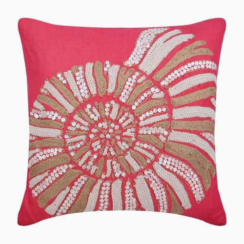The HomeCentric Coral Pink Set di 2, 40x40 cm Lino Di Cotone Cuscini di tiro per divano, Conchiglie, Iuta Rosa Cotone Cuscino Divano, Stile Spiaggia Creature Marine Federa - Coral Sea Shells