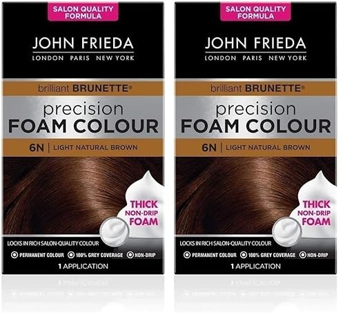 John Frieda Precision Foam Colour 6N, Salon-Finish Light Natural Brown Hair Dye, Permanent Light Natural Brown Hair Colour, 100% Grey Coverage (Pack of 2)