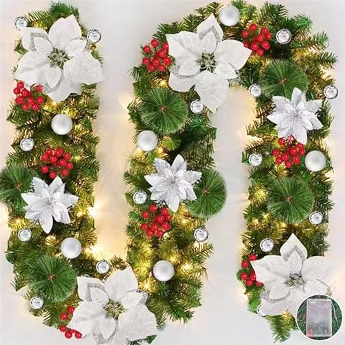 Ghirlanda Natalizia Illuminate,ghirlanda natalizia con luci a LED,270cm,Ghirlanda di Abete per Porta di casa,Decorazione Natalizia,Camino,Giardino,Festa di Nozze,per Interni ed Esterni (Argento)