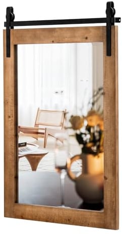GOPLUS Wandspiegel mit Halterung, Spiegel mit Holzrahmen, dekorativer Spiegel Badspiegel für Wohnzimmer, Bad & Flur, Wandmontage, 56 x 76,5 cm(Braun)