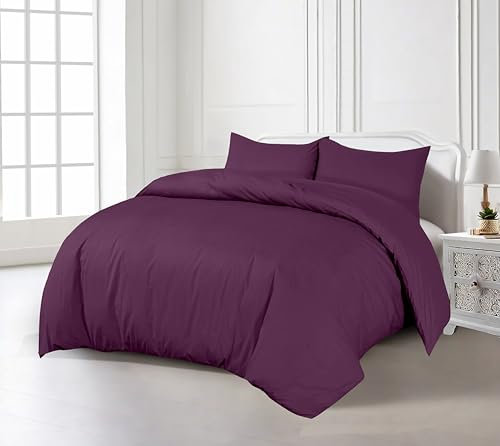 Crescent Textile 200TC Duvet Cover Bedding Set Single, Double, King, Super King Size 100% Egyption Cotton Hotel Quality Duvet Set with Easy Closure (Plum, King)