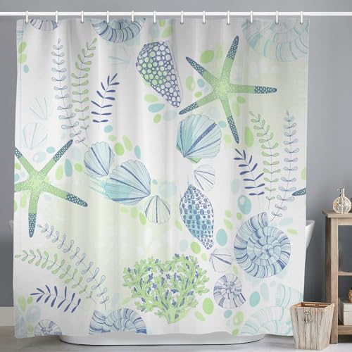 ASDCXZ Maritim Duschvorhang 180x200 cm, Blau Grün Meerestiere Seestern Schale Blätter Maritim Nautische Bad Waschbar Duschvorhänge Polyester Textil Wasserdicht Badevorhang für Badewanne mit 12 Haken