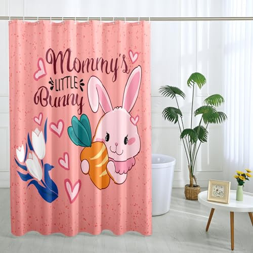 Easter Shower Curtain Rabbits Carrot Tulips Heart Cute Letter Pink Polyester Ornaments Waterproof Decor Thick Grommet Room Indoor Bathroom Dorm Outdoor Short Shower Curtain 72x72inch