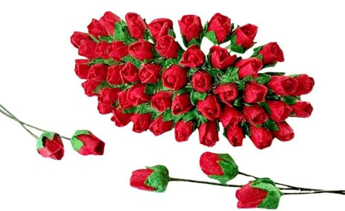 HukDok Mini Rose Bud Mulberry Paper Flower, Artificial Tiny Roses Flowers for Wedding Card Embellishment Scrapbook DIY Bouquet Crafts. (Red)