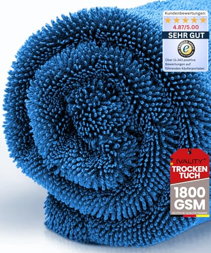 Ivality® Auto Trockentuch XXL 80x50 cm – 1800 GSM Ultra Saugstarke Mikrofasertücher für Autopflege und Motorrad, Fusselfreies, Lack-schonendes Twisted Towel Microfasertücher - Blau