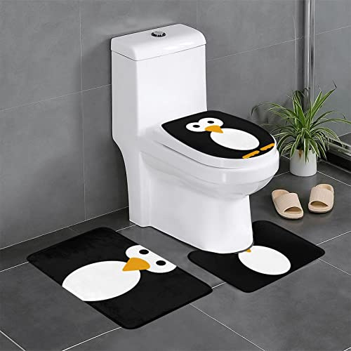AUBKFELD Badvorleger-Set, niedliches Pinguin-Motiv, 3-teilig, rutschfest, Badematte und WC-Sitzbezug