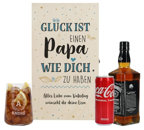 Herz & Heim® Whisky Geschenkset mit graviertem Glas, bedruckter Geschenkbox, Cola und Whiskyflasche, personalisiert (Glück ist einen Papa wie Dich zu haben)