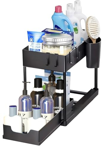 Chase Chic Organizador Bajo Fregadero, 2 Niveles Organizador Armario Cocina Para Almacenamiento Productos Limpieza De Baño Y Cocina Con Gancho Y Copa Colgante, Gabinete Deslizable, Negro