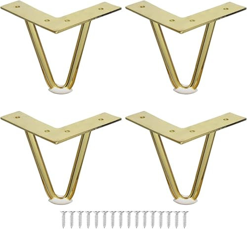 Lot de 4 pieds de meubles en épingle à cheveux en métal robuste avec protections de sol en caoutchouc, pieds d'armoire en métal, table d'appoint,doré (12cm(5inch),Gold)