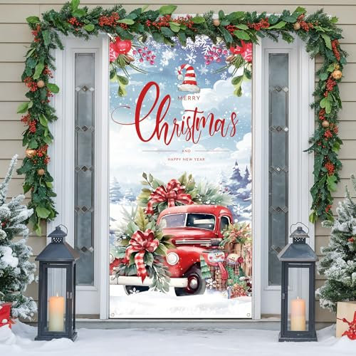 Weihnachten Tür Abdeckung Dekoration, Christmas Tür Deko Banner, Rot LKW Hintergrund Banner Winter Wonderland Hängende Türdeko Fotohintergrund Deko für Innen Draußen Weihnachtsdeko Party Wand Deko