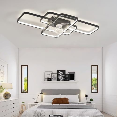 Rectangle Ventilateur Plafond Avec Lumiere Réversible Silencieux 6 Vitesses Lustre Ventilateur De Plafond Avec Télécommande APP Dimmable Salon Luminaire Ventilateur Plafonnier LED Moderne-Black||85cm