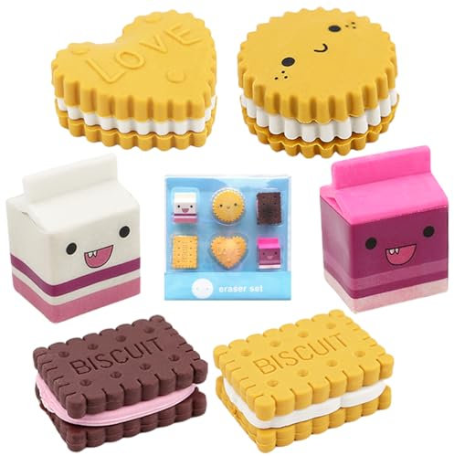 FERCAISH 6 Stück Mini Keks Radiergummis Set, Box Verpackt Farbige Radierer,Kawaii Cookies Radiergummi, Nette Milchradiergummi, für Schule Hause Bürobedarf Schreibwaren