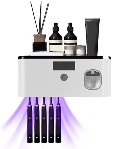 Spazzolino Igienizzante UV per 5 Slot, Porta Spazzolino Elettrico da Parete con Dispenser Dentifricio, Ricaricabile USB Sterilizzatore Portaspazzolino UV con Timer Porta Spazzolini Muro (Nero Grigio)