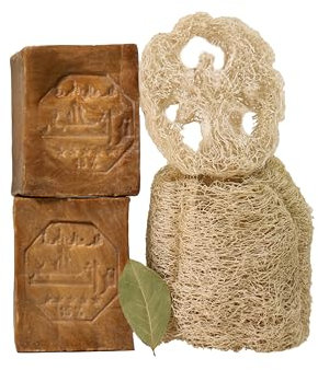 Kanaan Aleppo Seife Original 2x 200g mit Luffa – 15% Lorbeeröl & 85% Olivenöl Naturseife, Männer Haarseife & Duschseife, Antibakterielle Grüne Seife, Biologisch Abbaubare Bio Olivenseife