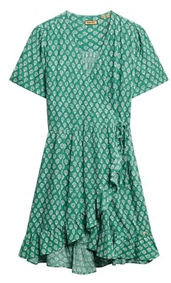 Superdry Damen Kurzärmeliges, bedrucktes Mini-Wickelkleid Blumen Blockprint Grün 42