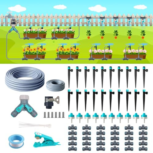 Kit de sistema de riego por goteo de 230 pies, sistema de riego automático con conector rápido, sistema completo de riego de agua para césped de jardín con tubo de riego de 12 mm y 6 mm, emisores