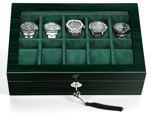 Uhrenbox für Herren, Aufbewahrungsbox für 10 Uhren, Smart Watch Display, grünes Holz mit weicher Wildlederinnenseite, großes Glasfenster