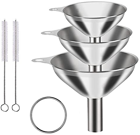 Set di 3 imbuti da cucina in acciaio inox, 11,4/14,5/7,5 cm, con manico e 2 spazzole per la pulizia, impilabili piccoli per trasferire liquidi e polveri