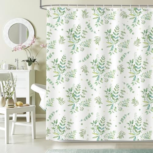 Dazzlewall Cortina de Ducha Hojas Verdes Acuarela, Plantas Botánicas Impermeable 180x180cm, Antimoho Tela Poliéster con 12 Ganchos