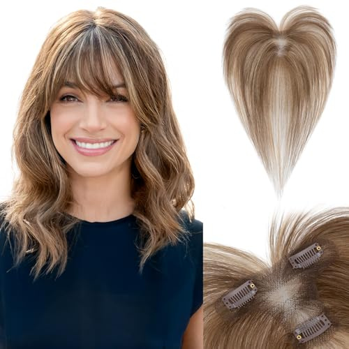 SEGOHAIR Echthaar Hair Topper für Frauen mit Wispy Pony - Mittelbraun/Dunkelblond Toppers 100% Echtes Haar Clip in Topper Menschliches Haar Top Hat T Spitze Basis für mit Dünnem 13 Gramm