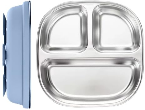 Assiettes pour Tout-Petits | Assiettes Anti-Glisse pour Tout-Petits avec Séparateurs | Assiettes Réutilisables en Acier Inoxydable avec Ventouse, Bol Antidérapant et Lavable au Lave-vaisselle pour Mai